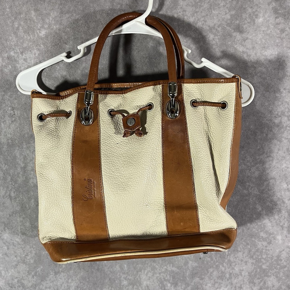 Cristina Tote Bag Women Medium Cream Brown Leather Made in Italy Drawstring